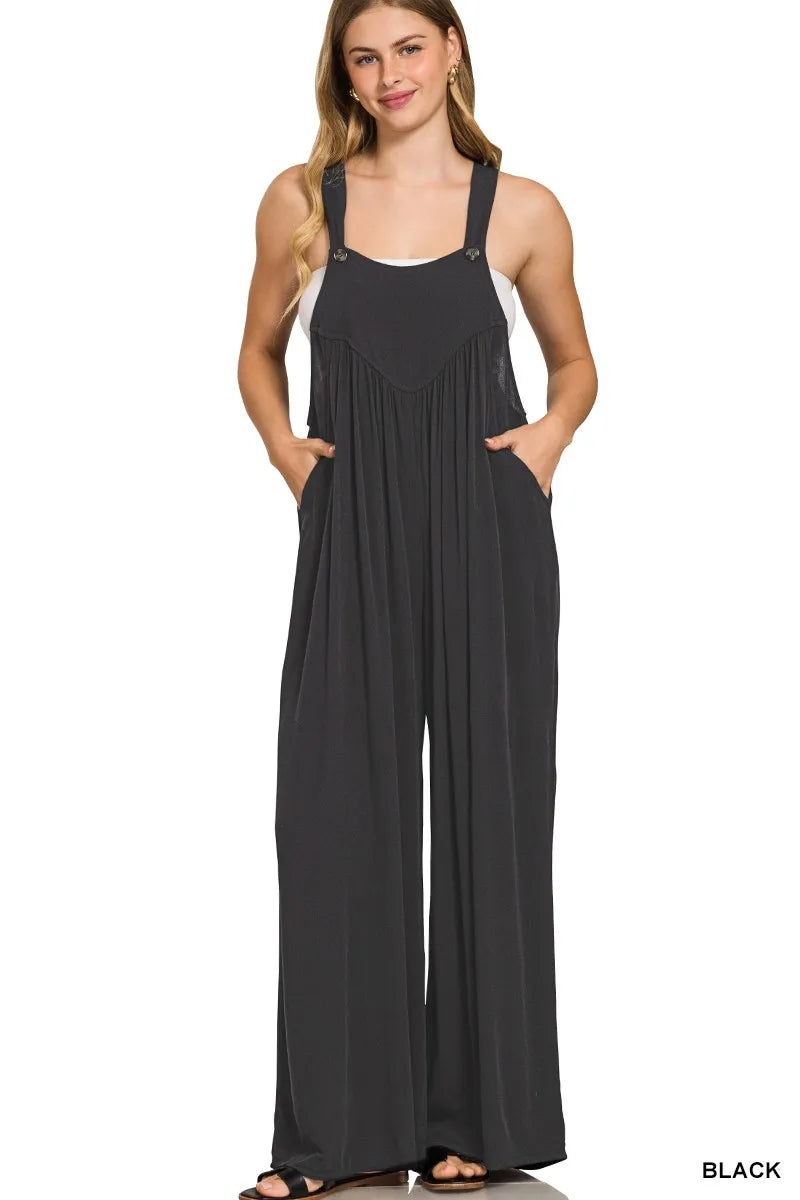 Black Zenana Woven Rayon Crepe Wide Leg Overalls