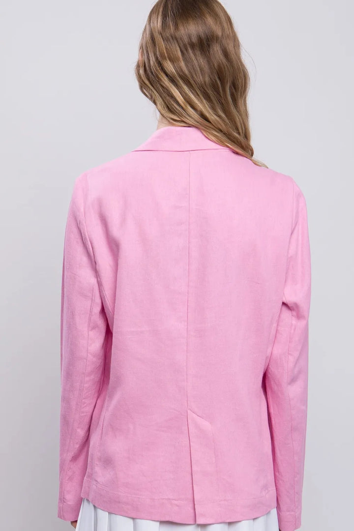 Pink Love Tree One Button Long Sleeve Linen Blazer