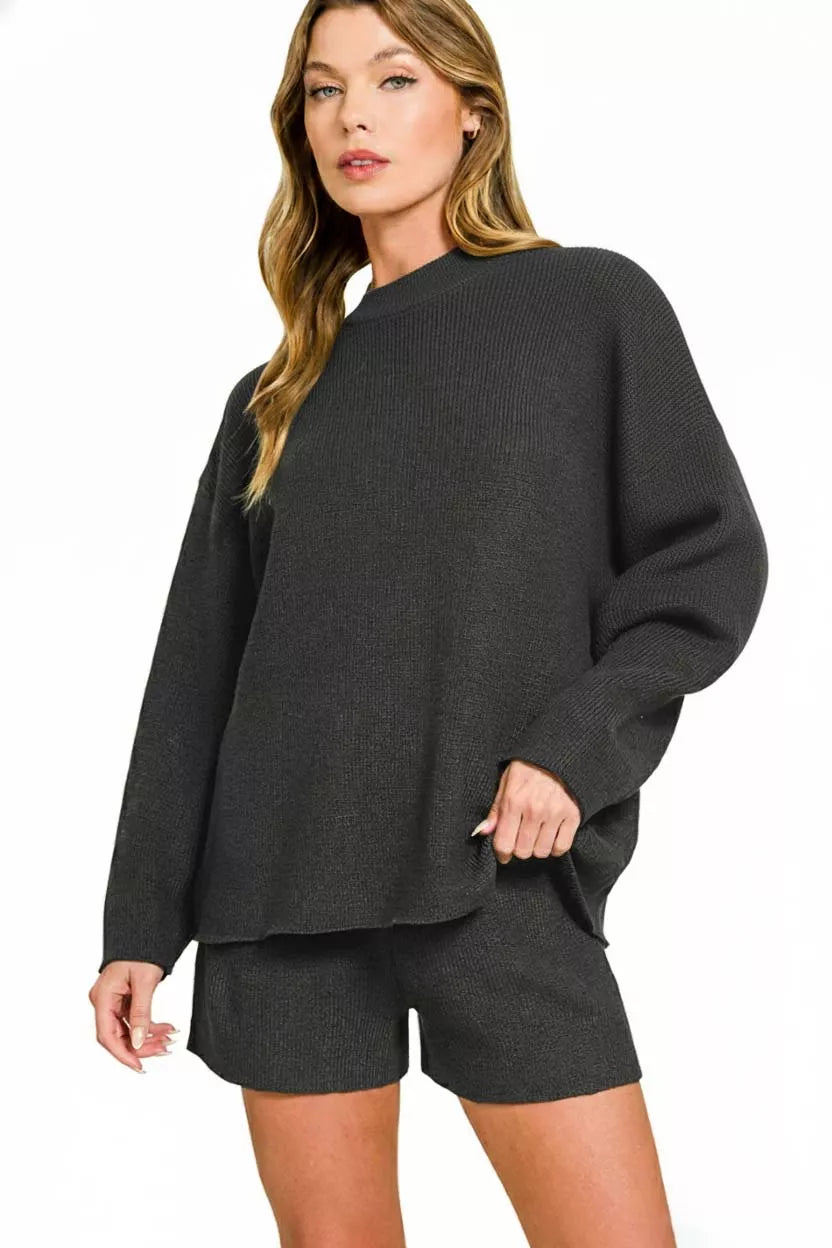 Black Zenana Round Neck Knit Top And Shorts Sweater Set 2