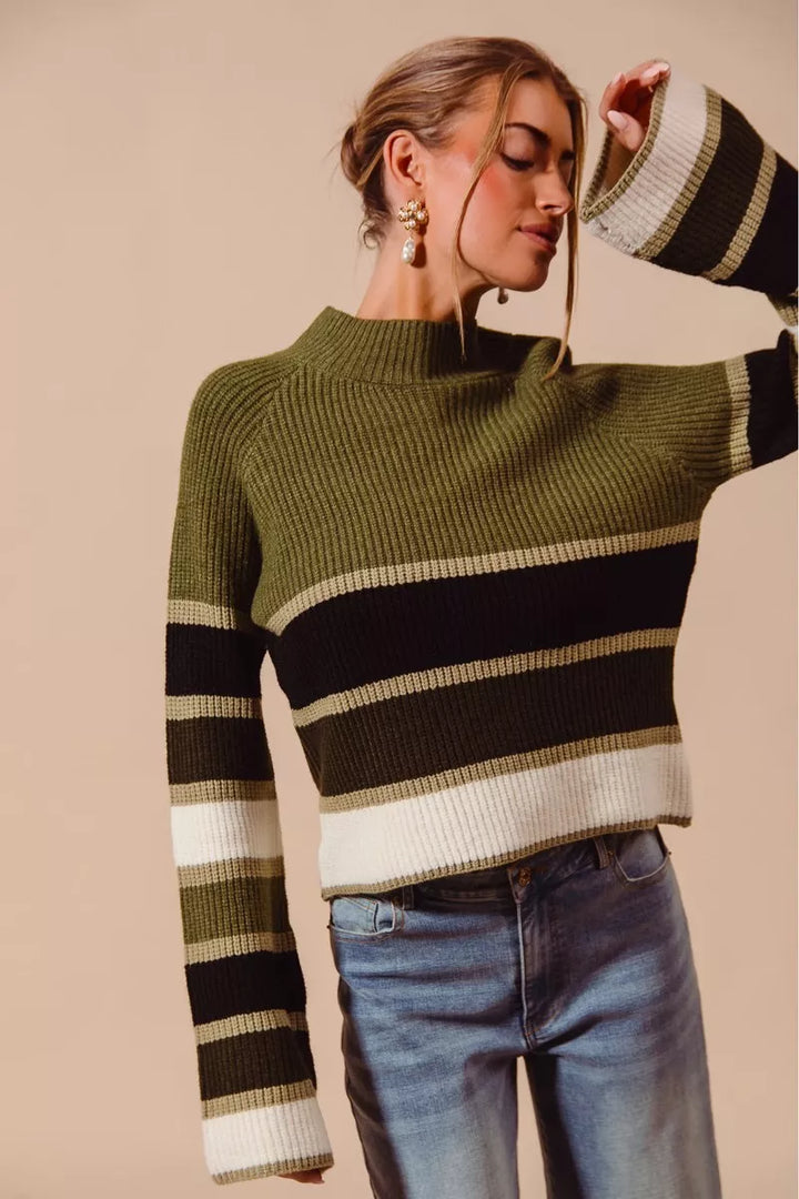 Olive Combo So Me Multi Color Striped Mock Neck Sweater