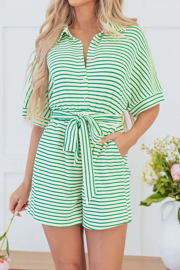 Green Striped Half Sleeve Tie Waist Romper