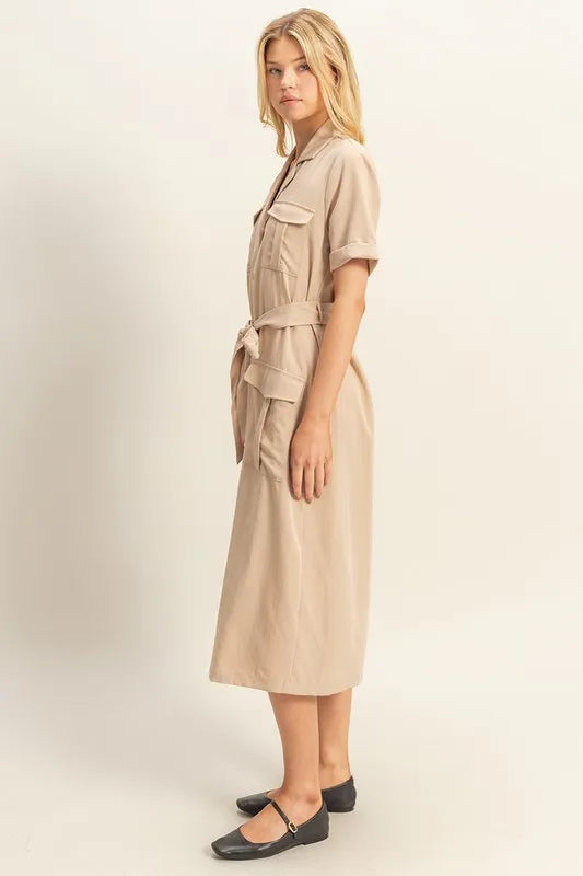 Beige Hyfve Button Front Belted Safari Midi Dress
