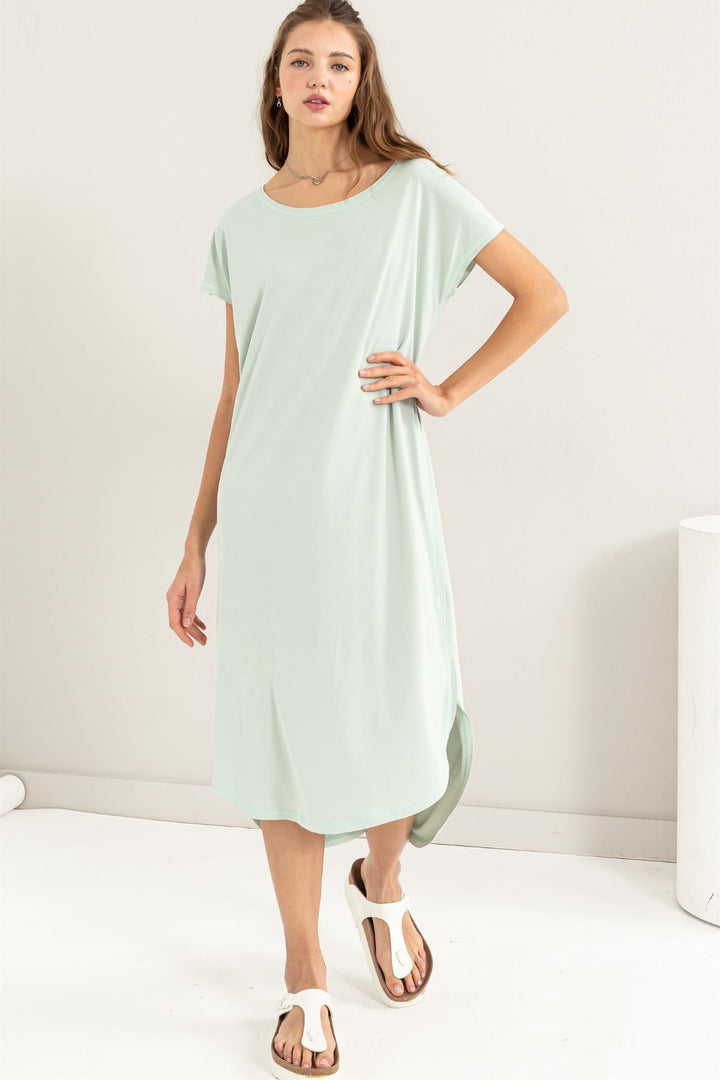 Hyfve Short Sleeve High Low Slit Midi Dress