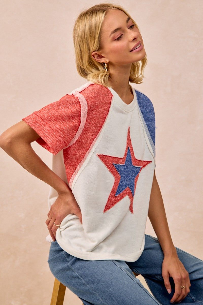 Bibi Contrast French Terry Cut Edge Detail Fourth Of July Theme T Shirt