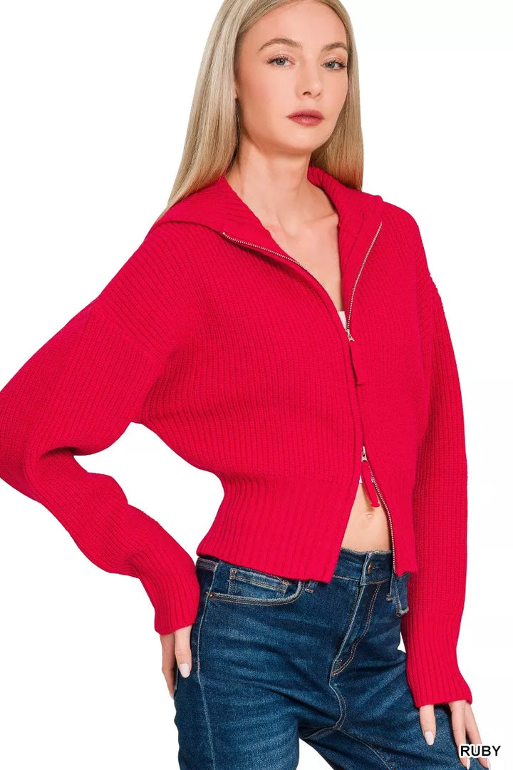 Ruby Zenana Ribbed Collared Zip Up Sweater Cardigan 1