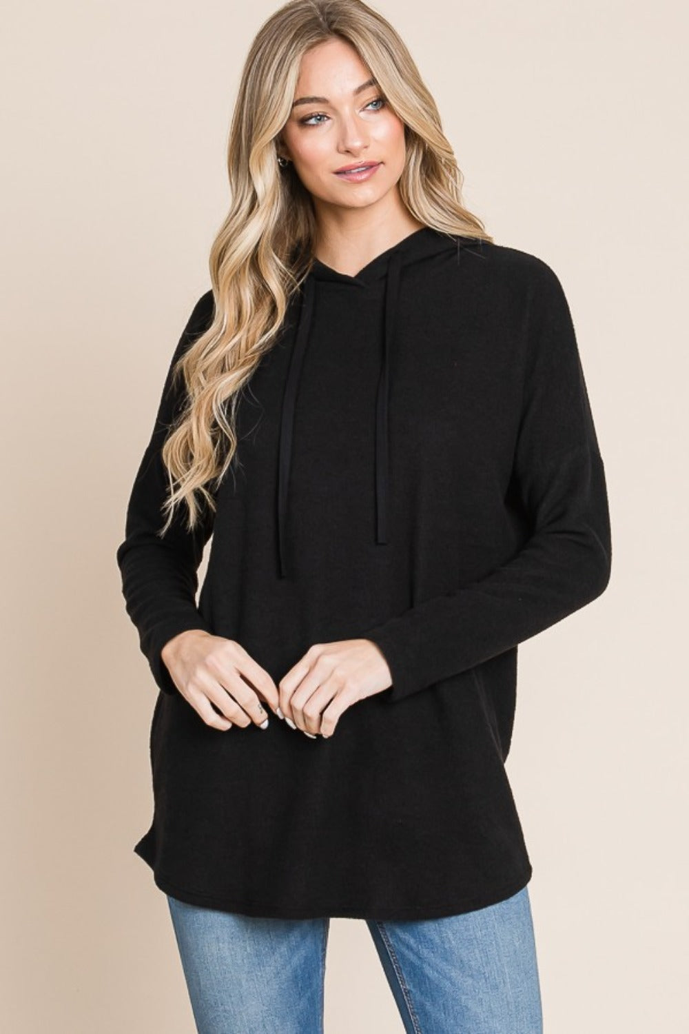 Black Bombom Contrast Drawstring Drop Shoulder Knit Hoodie