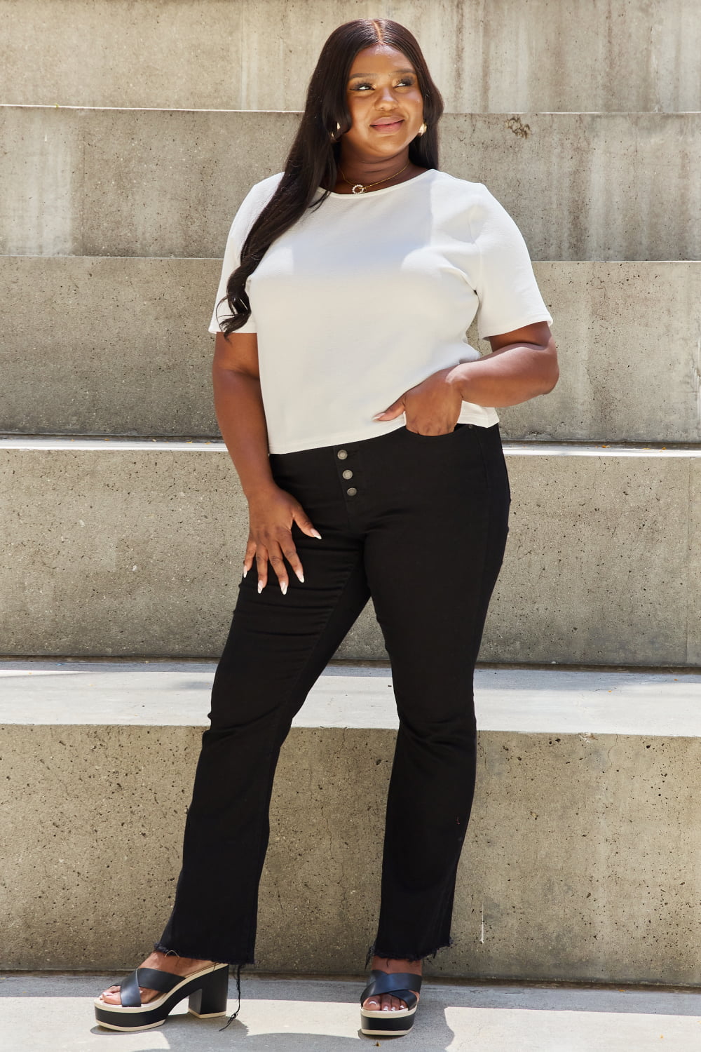 And The Why Pearly White Full Size Criss Cross Pearl Detail Open Back T Shirt