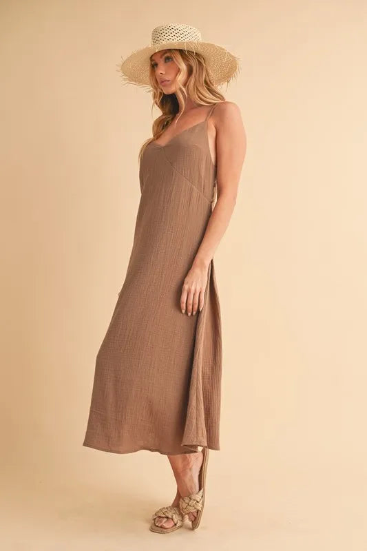 Mocha Aemi Co Side Button Midi Cami Dress