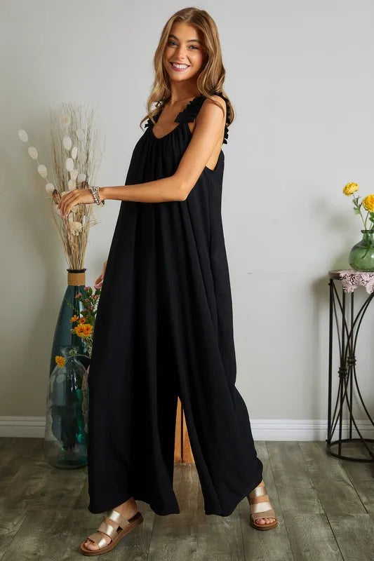 Black Adora Elastic Ruffle Shoulder Jumpsuit