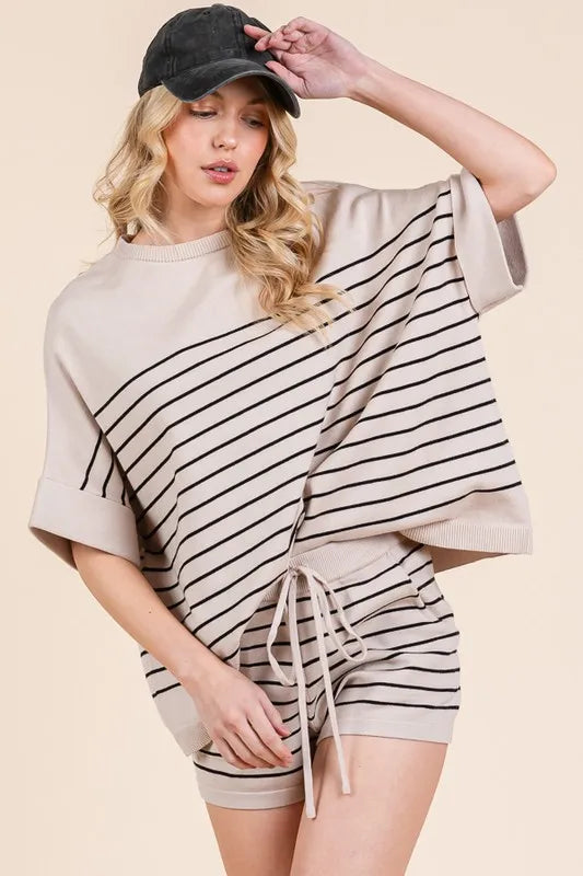 Taupe Combo Lime N Chili Striped Folded Half Sleeve Top And Shorts Set