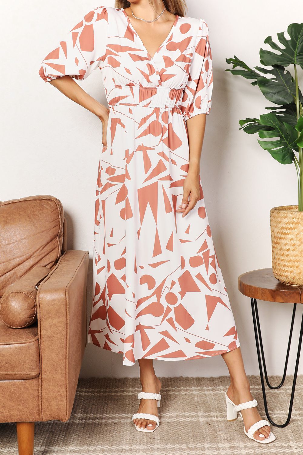 Camel Printed Surplice Balloon Sleeve Dress