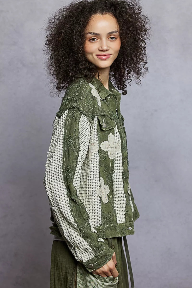 Olive Multi Pol Button Down Raw Hem Jacket With Floral Patch