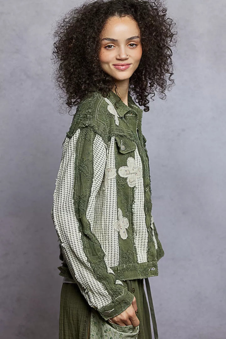 Olive Multi Pol Button Down Raw Hem Jacket With Floral Patch