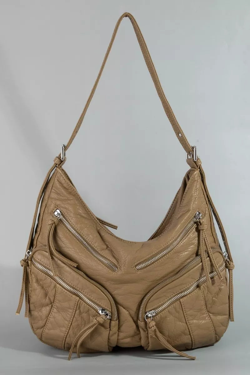 Wh Fame Multi Zipper Pocket Leather Hobo Bag
