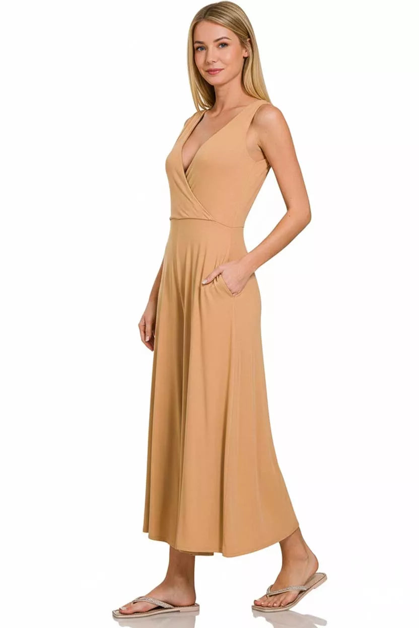 Dk Brush Zenana Surplice Neckline Sleeveless Jumpsuit 1