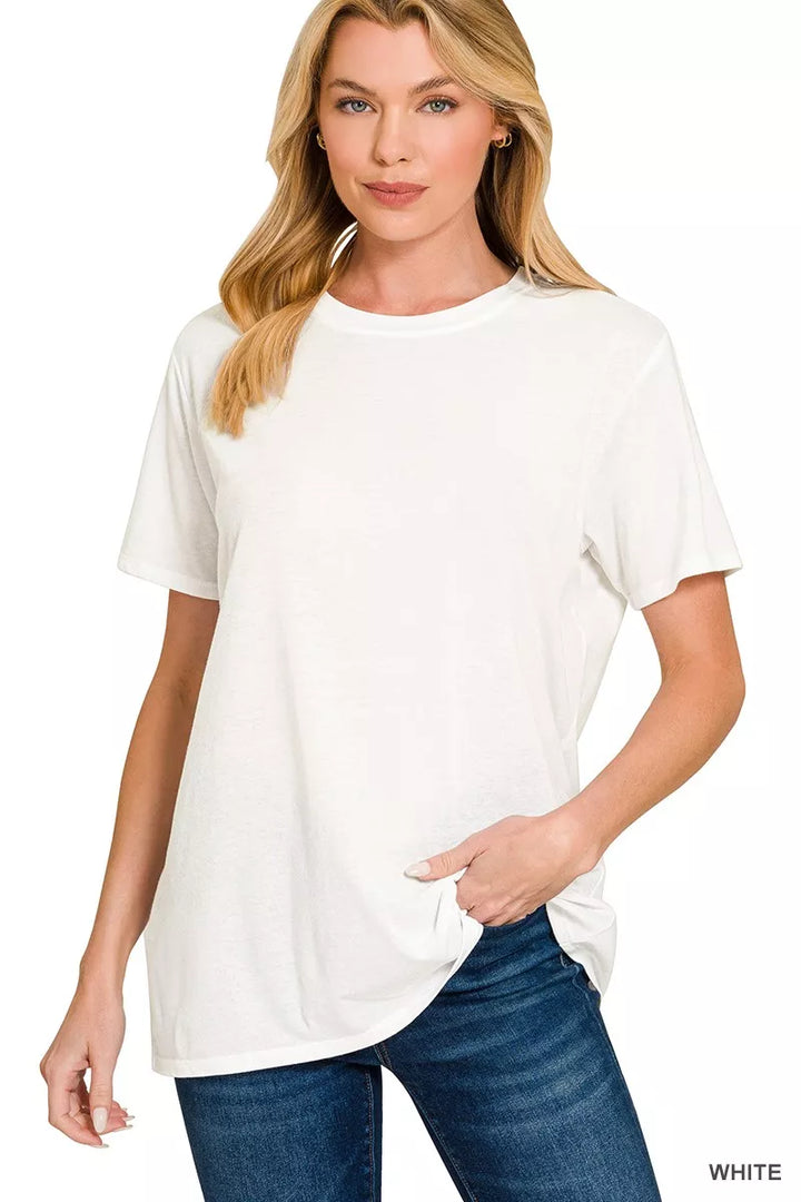 White Zenana Cotton Boyfriend Round Neck Tee