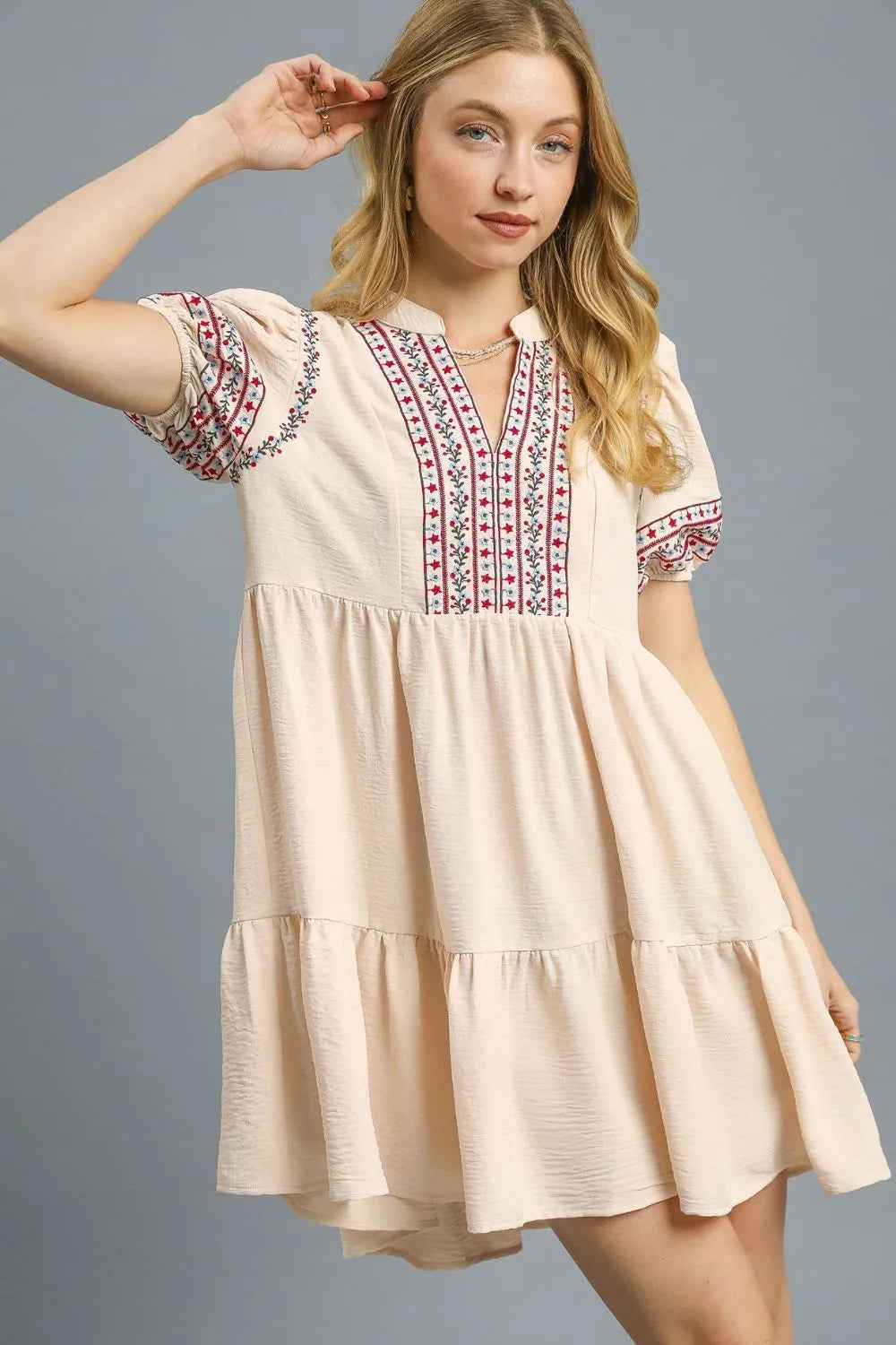 Tan Umgee Floral Trim Puff Sleeve Mini Dress 1