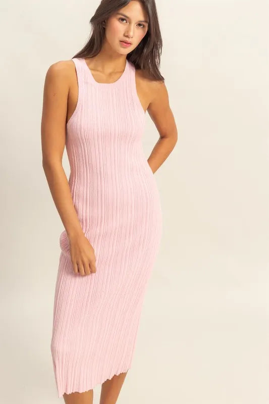Soft Pink Hyfve Round Neck Bodycon Ribbed Knit Dress 2