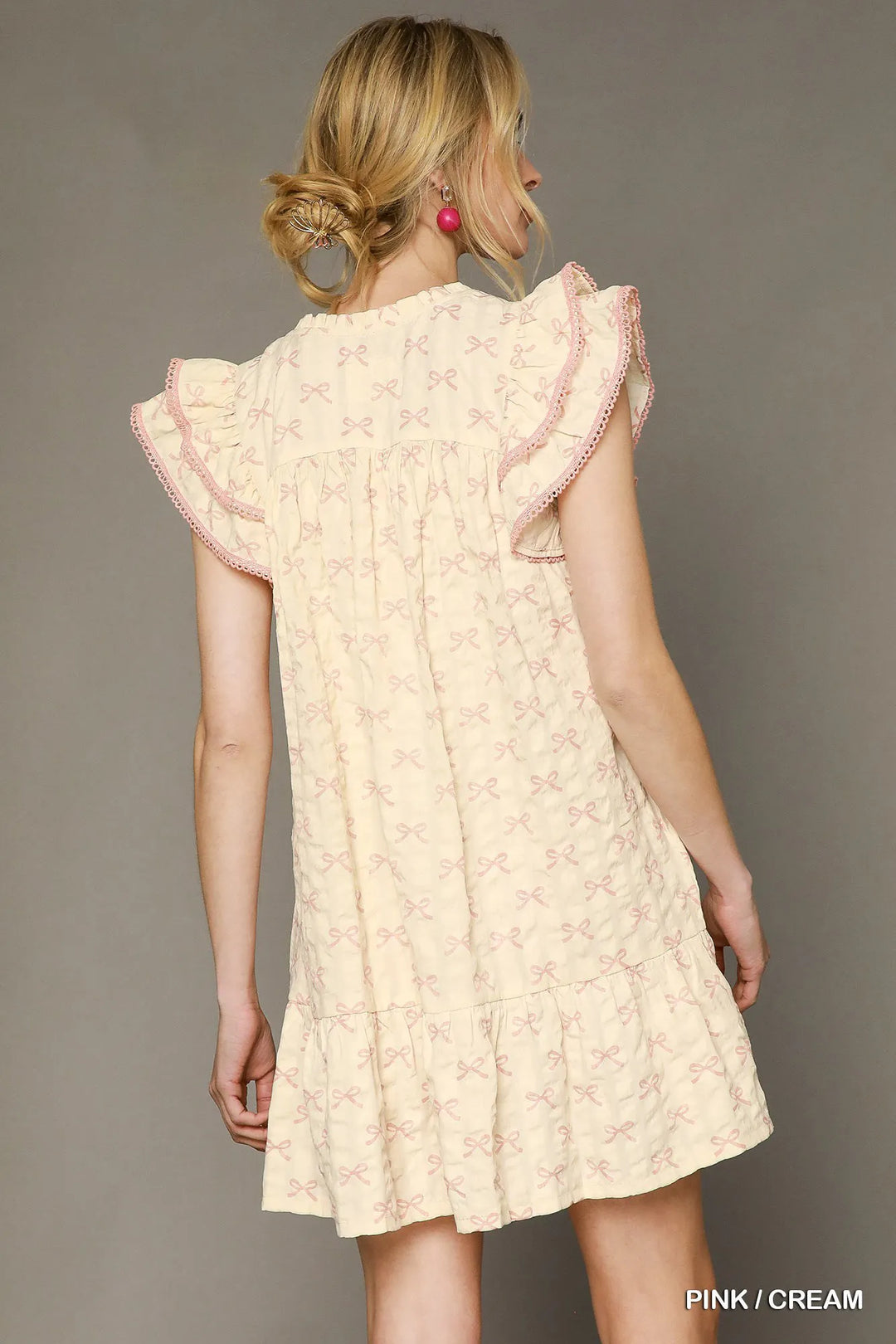 Pink / Cream Umgee Bow Print Ruffled Cap Sleeve Mini Dress 1