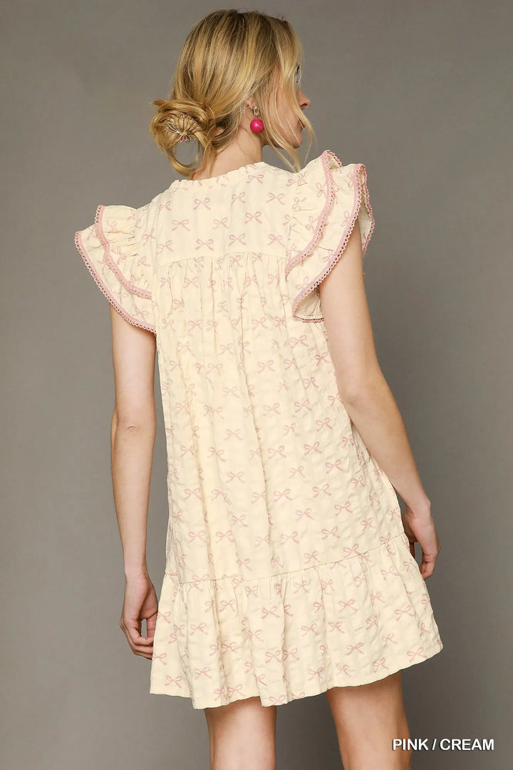 Pink / Cream Umgee Bow Print Ruffled Cap Sleeve Mini Dress 1