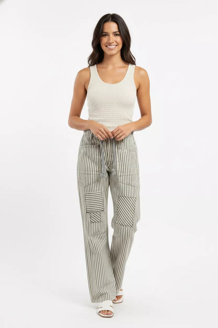 Grey Bibi Drawstring Striped Twill Barrel Pants 1