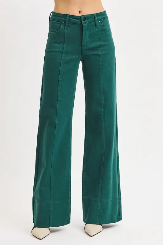 Hunter Green Risen Full Size Tummy Control Mid Rise Wide Leg Jeans Plus Size