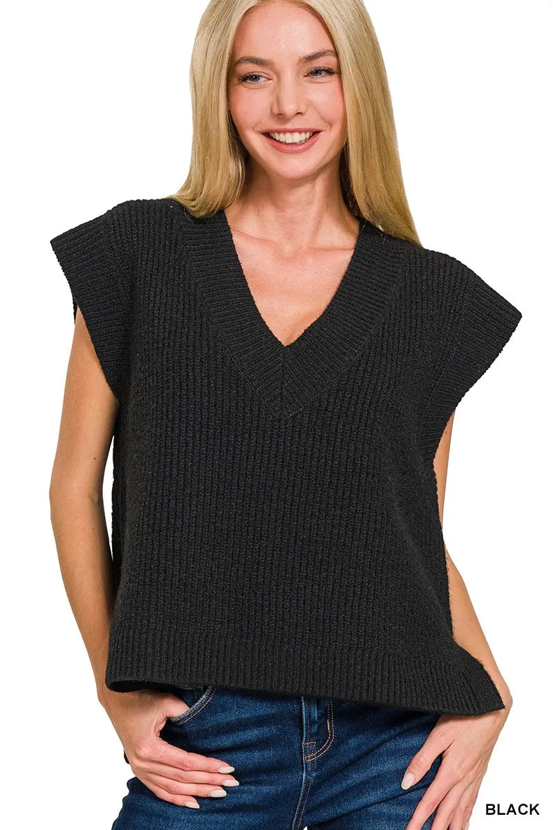 Black Zenana Oversized Sweater Vest With Side Slit 1