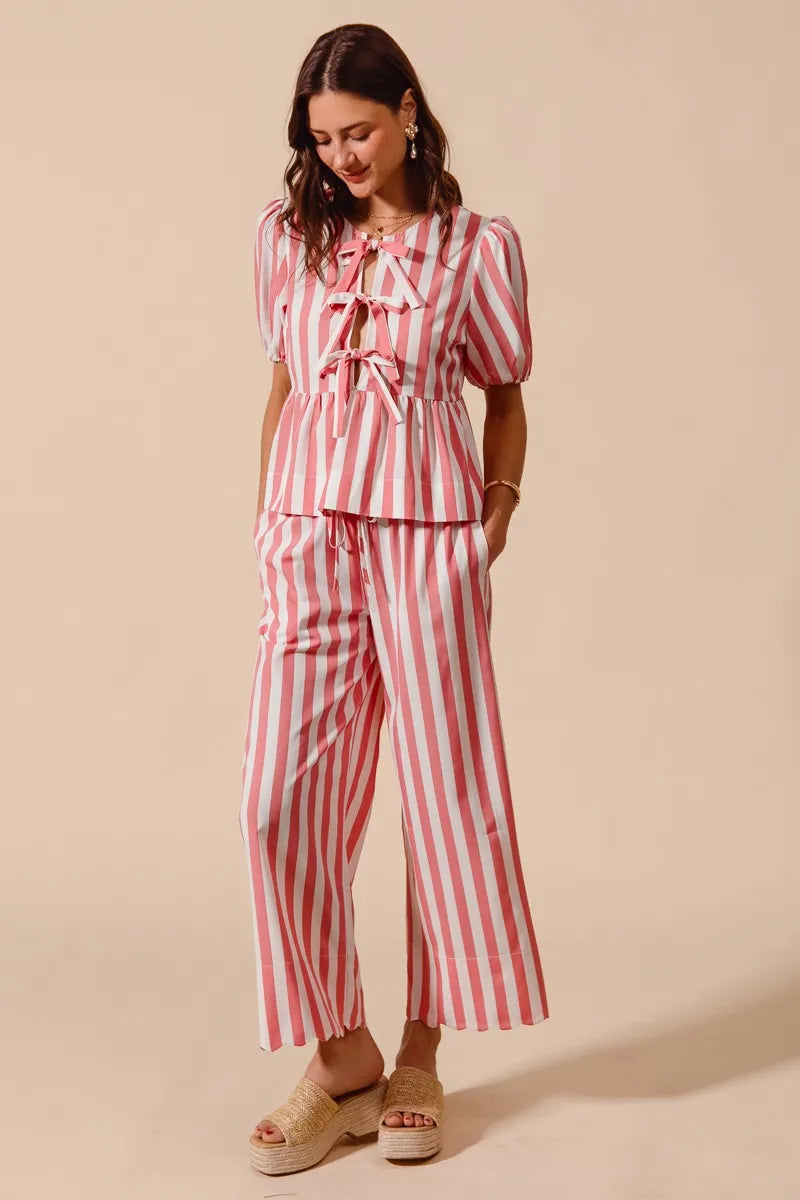 Pink So Me Front Tie Stripe Top With Puff Sleeves And Wide Leg Pants Set