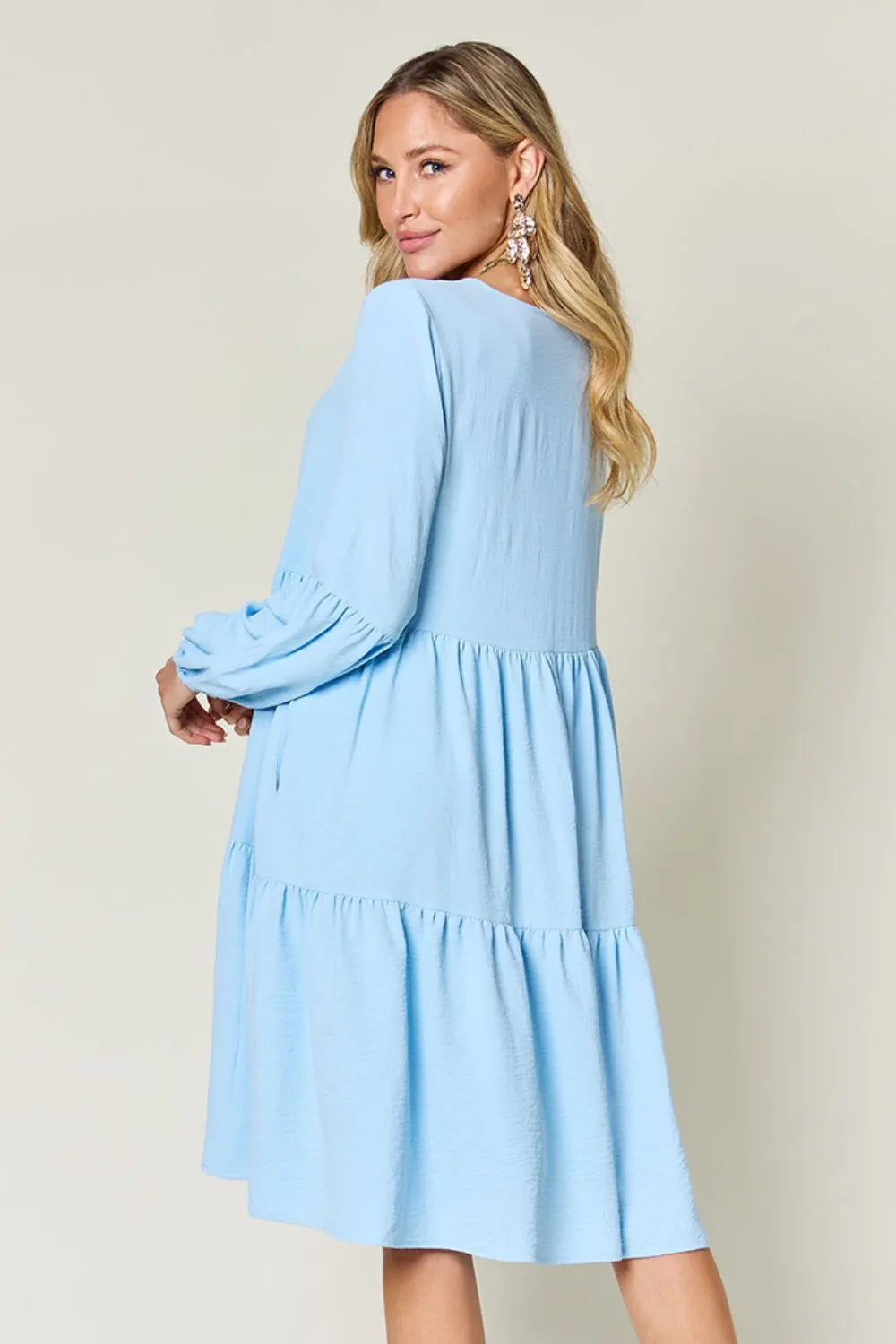 Light Blue Double Take Full Size V Neck Balloon Sleeve Tiered Dress With Pockets