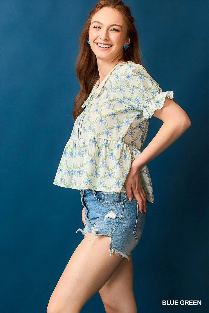 Blue/Green Umgee Lace Detail Bow Print Flounce Sleeve Blouse