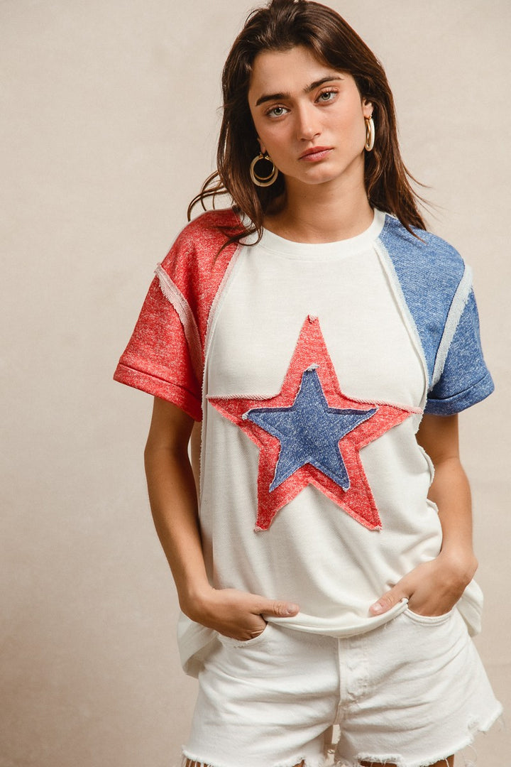Bibi Contrast French Terry Cut Edge Detail Fourth Of July Theme T Shirt