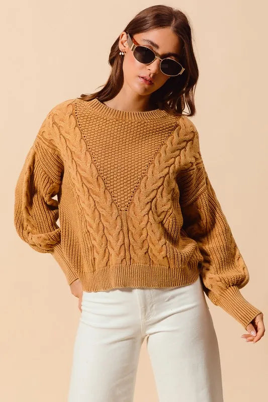 So Me Mineral Washed Loose Fit Textured Cable Sweater