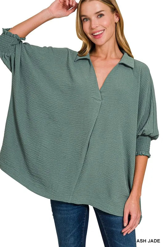 Ash Jade Zenana Airflow Collar Tee With Smocked Sleeve Band Top