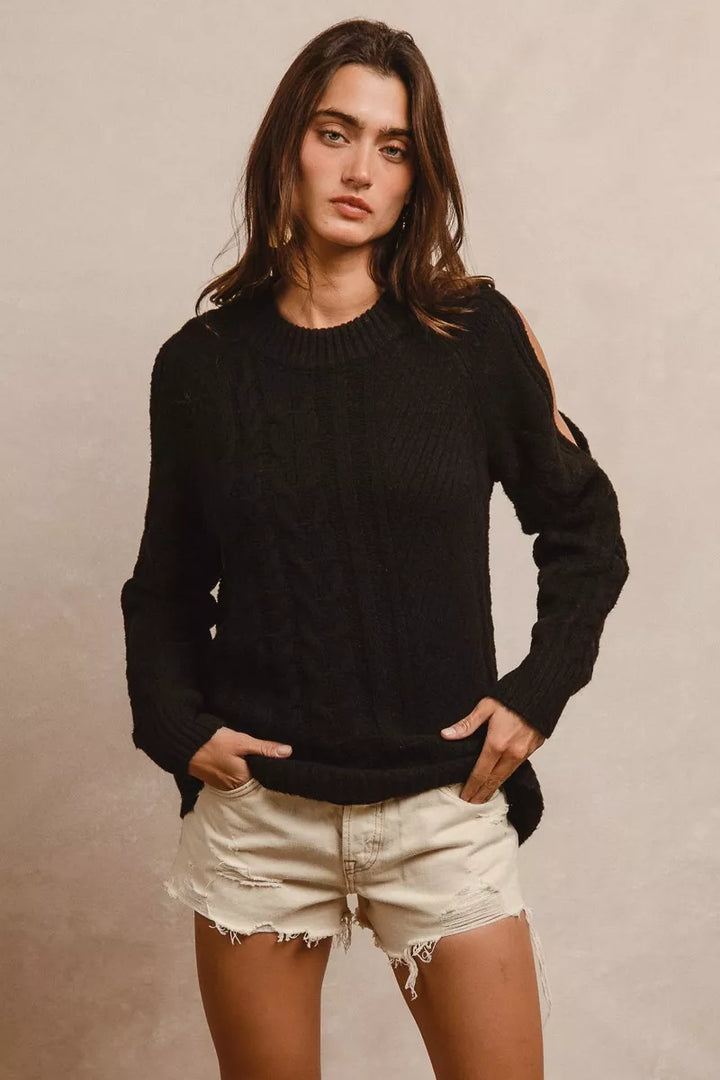 Black Bibi Twist Knitted Open Shoulder Sweater