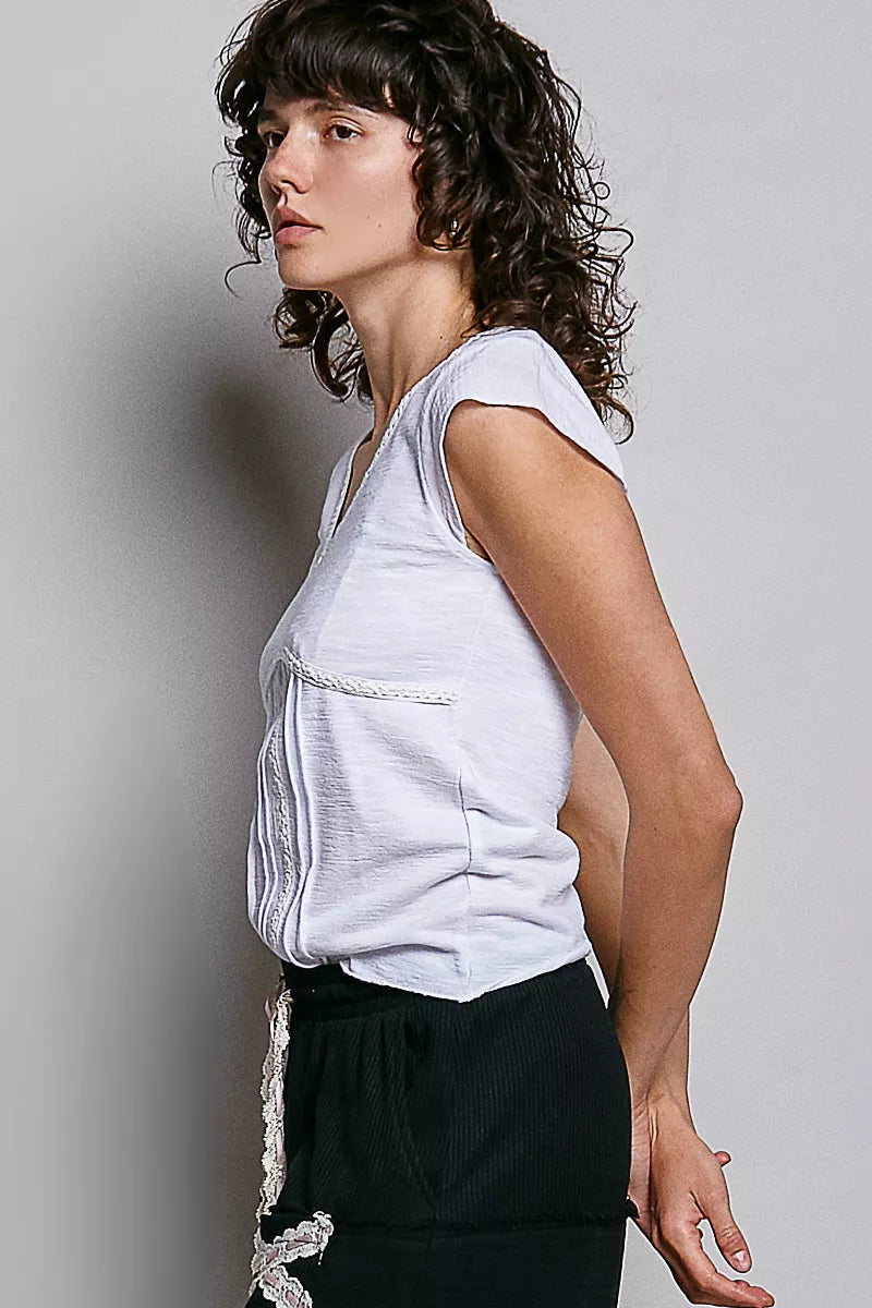 Off White Pol V Neck Lightweight Textured Short Sleeve Knit Top With Lace Trim 3