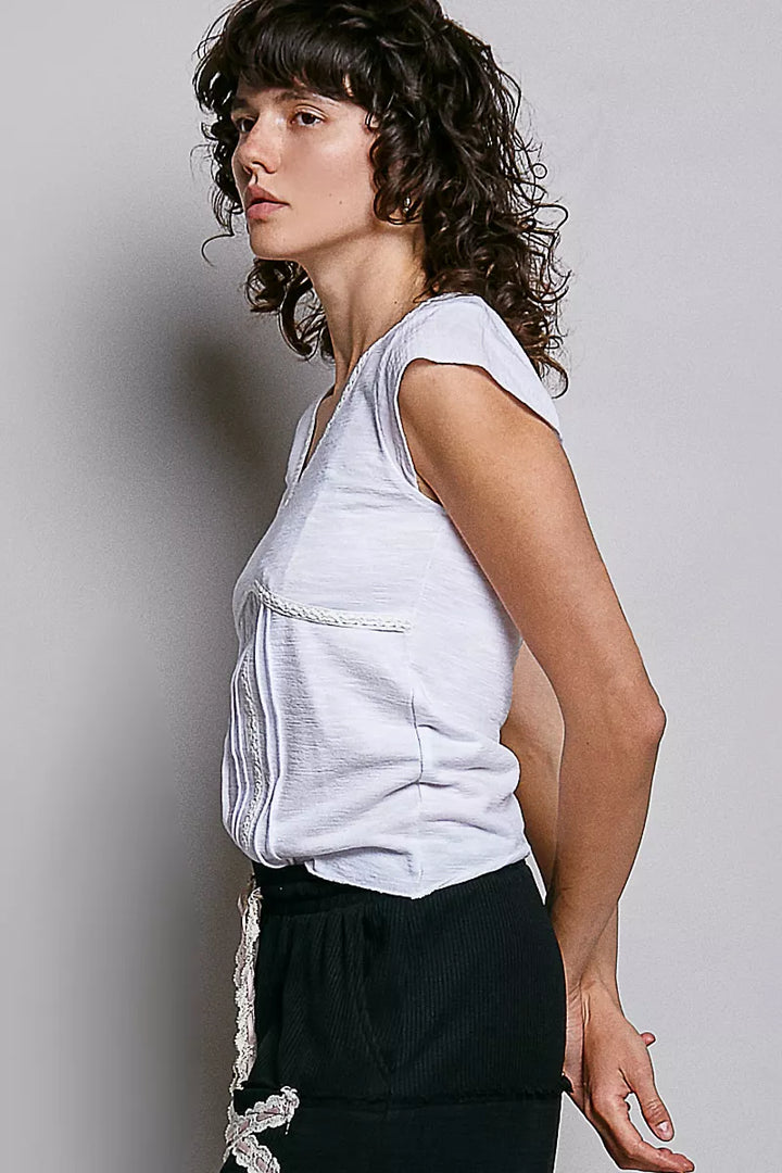 Off White Pol V Neck Lightweight Textured Short Sleeve Knit Top With Lace Trim 3