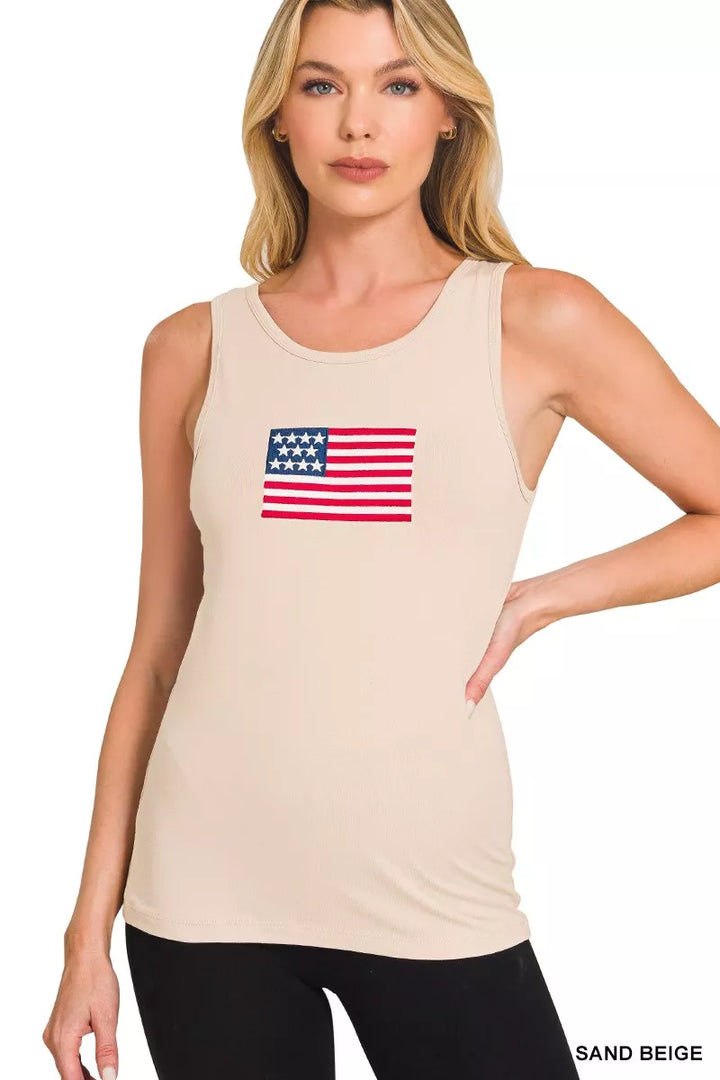 Sand Beige Zenana Double Scoop American Flag Embroidered Tank Top