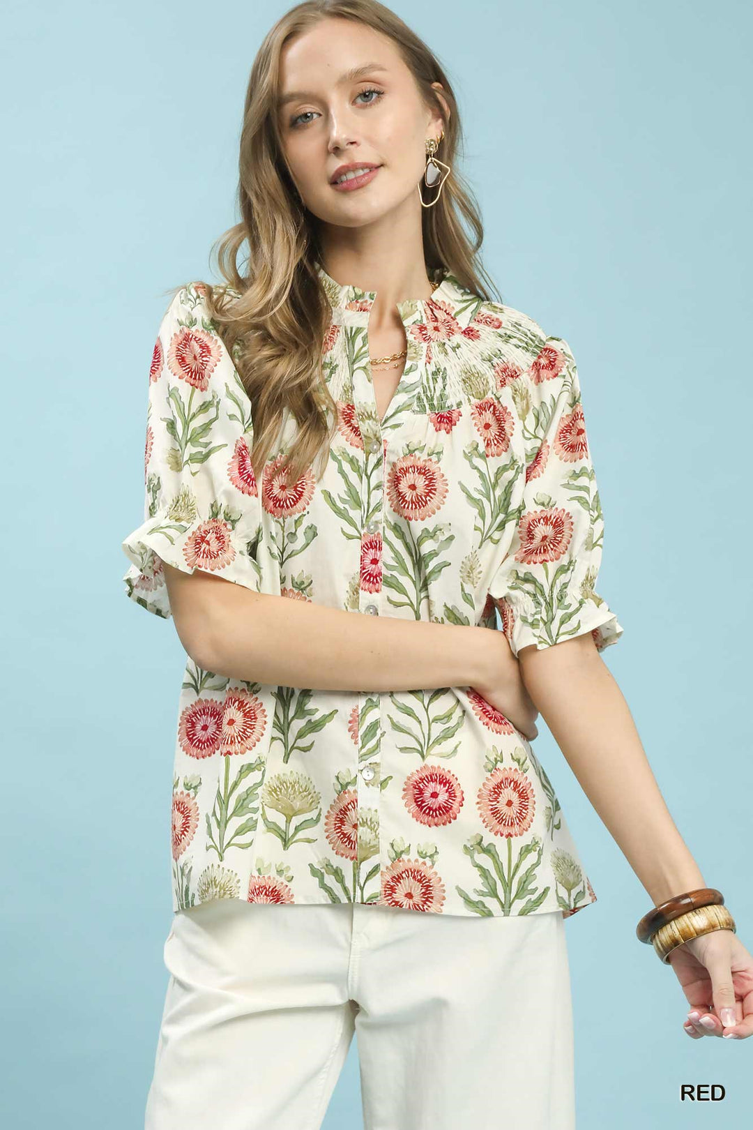 Red Umgee Floral Button Front Short Sleeve Top