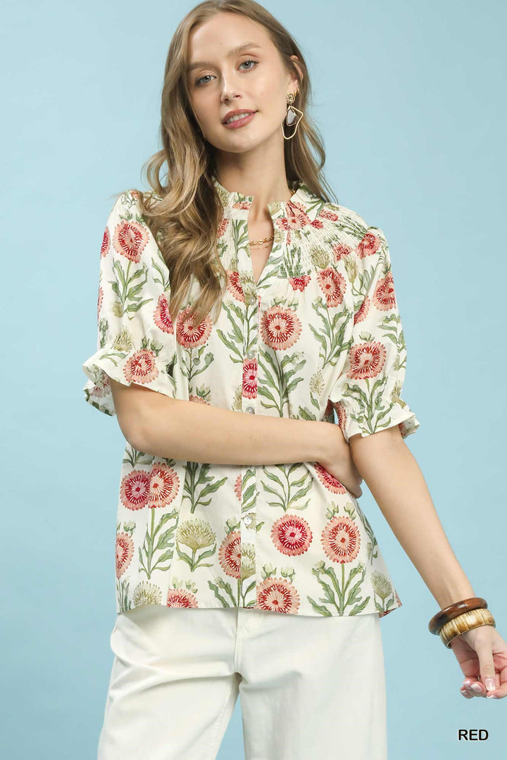 Red Umgee Floral Button Front Short Sleeve Top