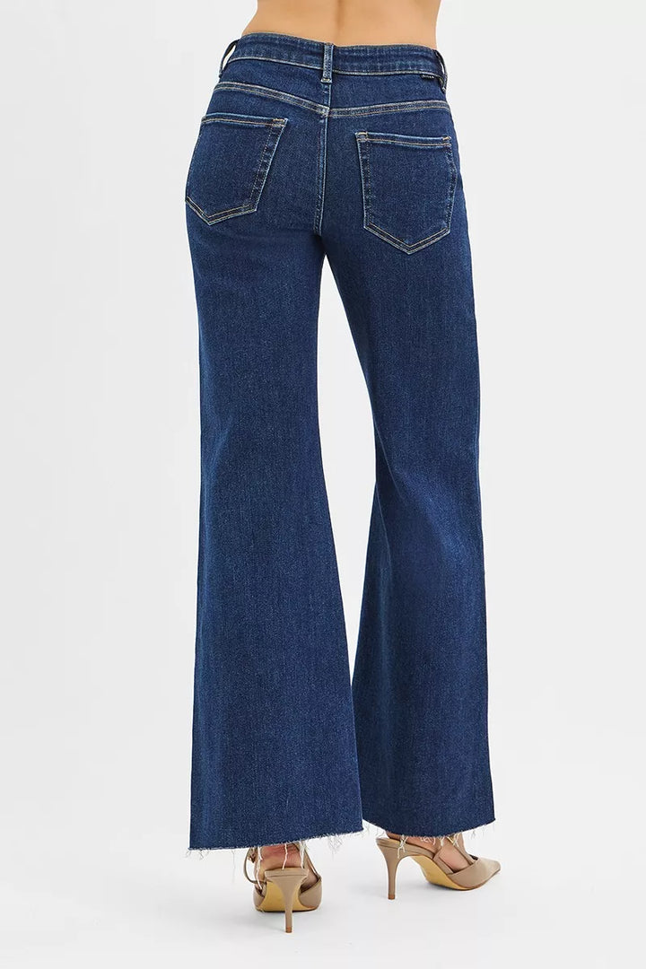 Dark Risen High Rise Wide Flare Jeans With Front Leather Pocket Detail