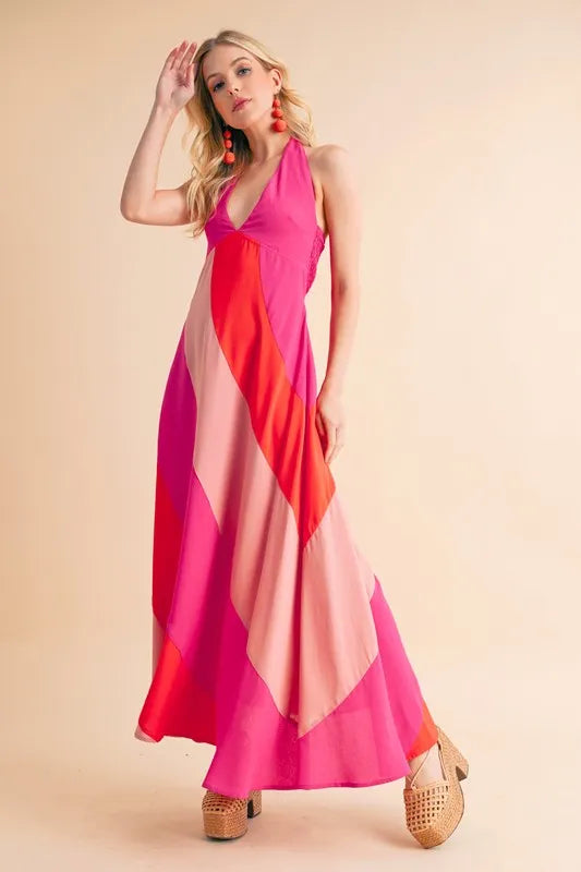 Pink Combo Aemi Co Color Block Sleeveless Maxi Dress