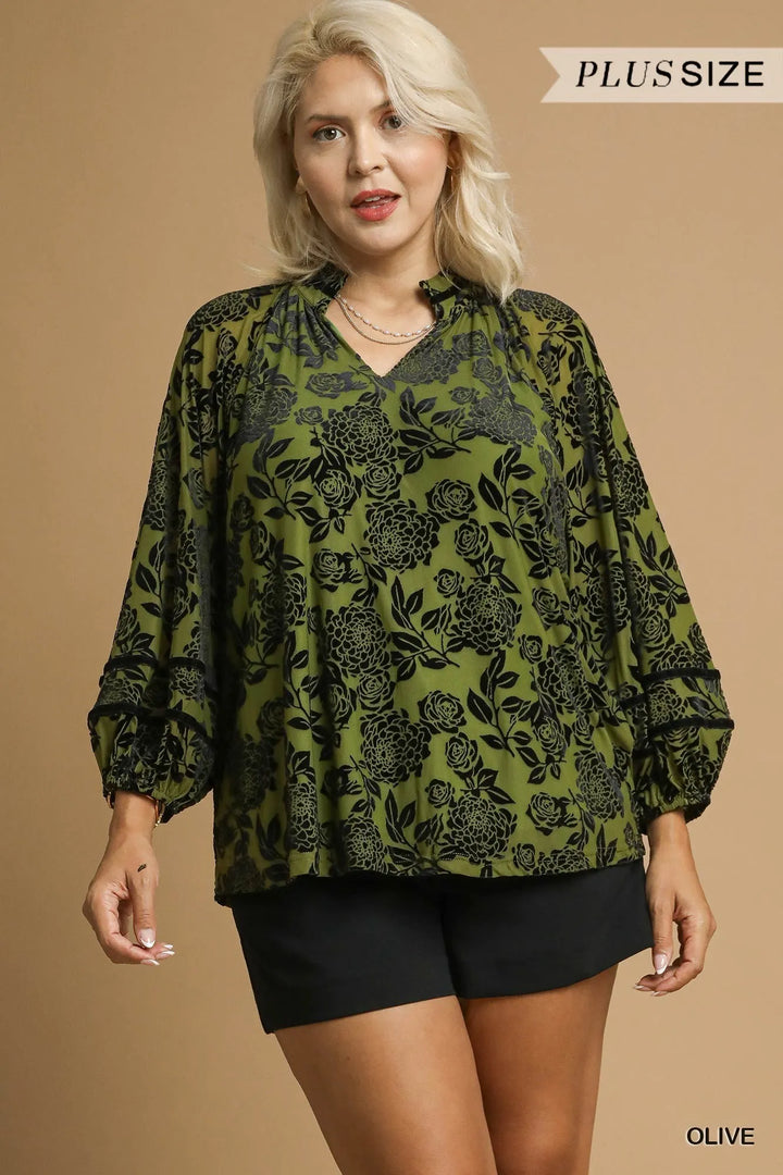 Olive Umgee Full Size Floral Velvet Blouse With Balloon Sleeves Plus Size