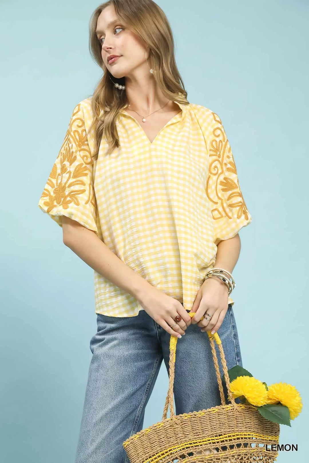 Lemon Umgee Gingham Embroidered Balloon Sleeve Top 1