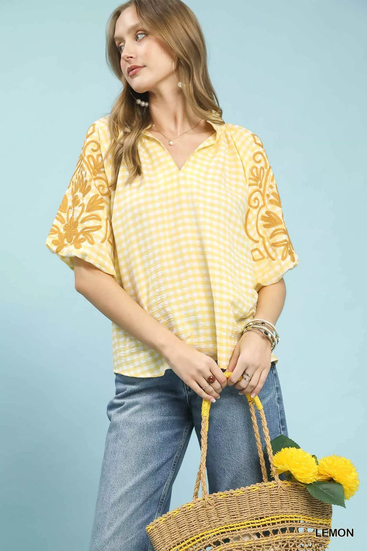 Lemon Umgee Gingham Embroidered Balloon Sleeve Top 1