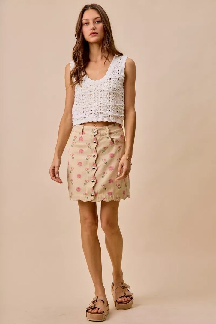 So Me Floral Rose Print Cotton Twill Scallop Mini Skirt