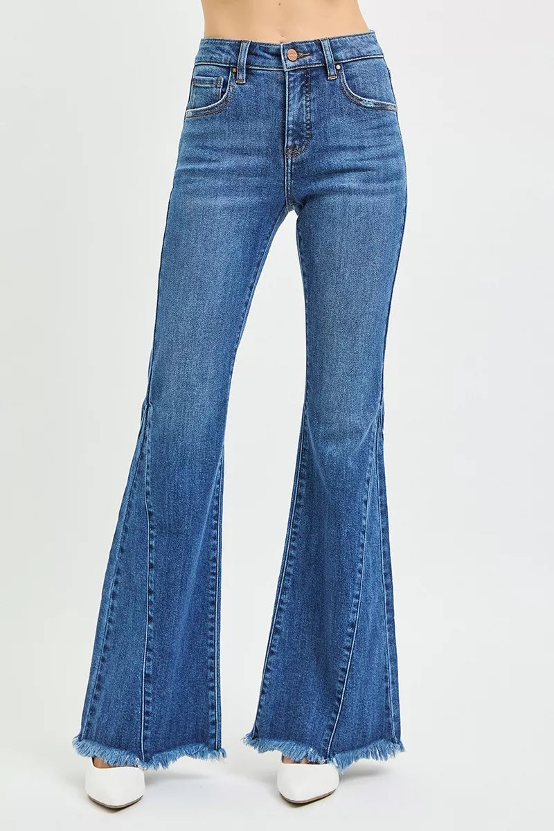 Dark Risen Mid Rise Flare Side Seam Detailing Jeans