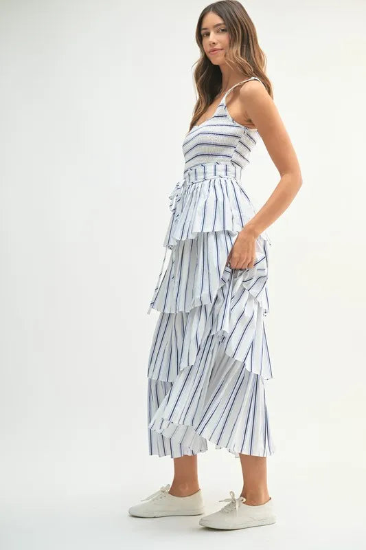 Off White Mable Pin Stripe Smocked Bodice Layered Midi Dress