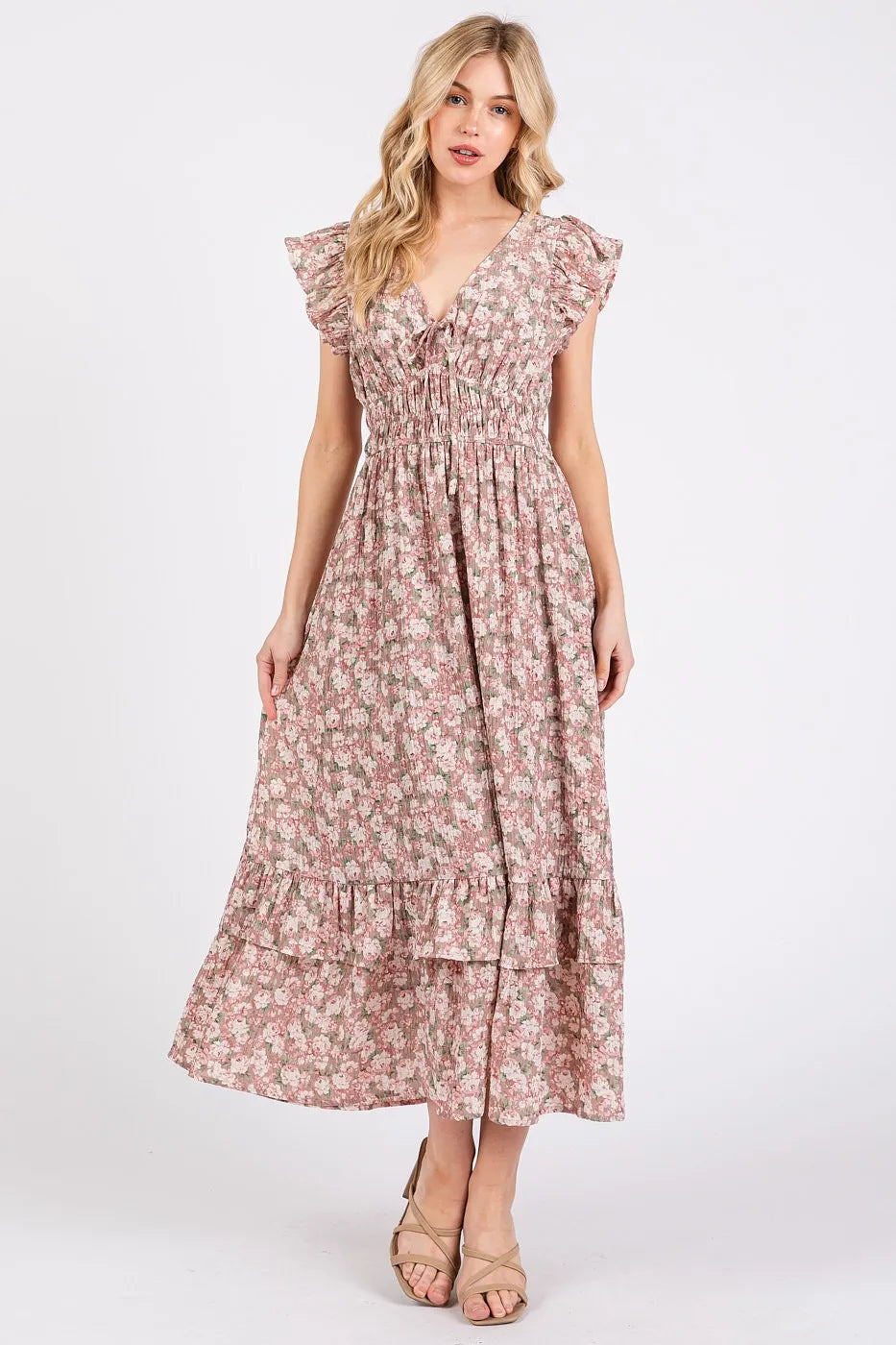 Mittoshop Flower Print Ruffle Cap Sleeve V Neck Midi Dress