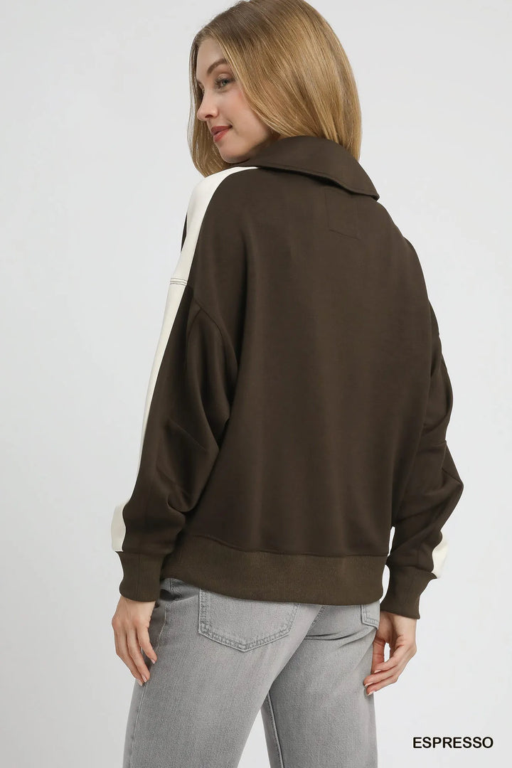 Espresso Umgee Color Block Polo Sweatshirt