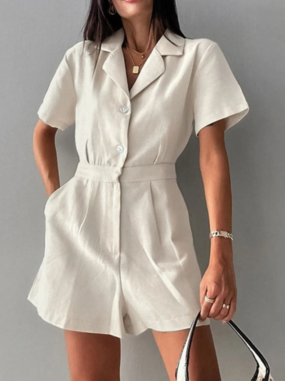 Beige Button Front Short Sleeve Romper
